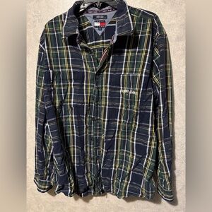 Y2K Tommy Jeans Navy Green Plaid Button Down Shirt Preppy Retro Hilfiger
